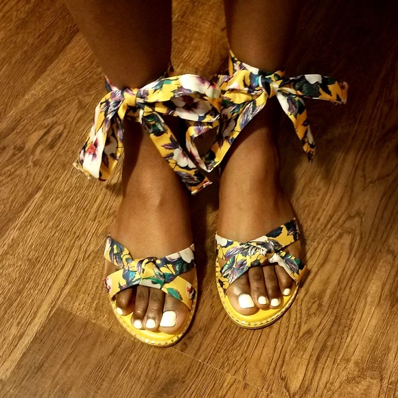 BAMBOO Shoes - New! Mustard Floral Ankle Tie Sandal Flats